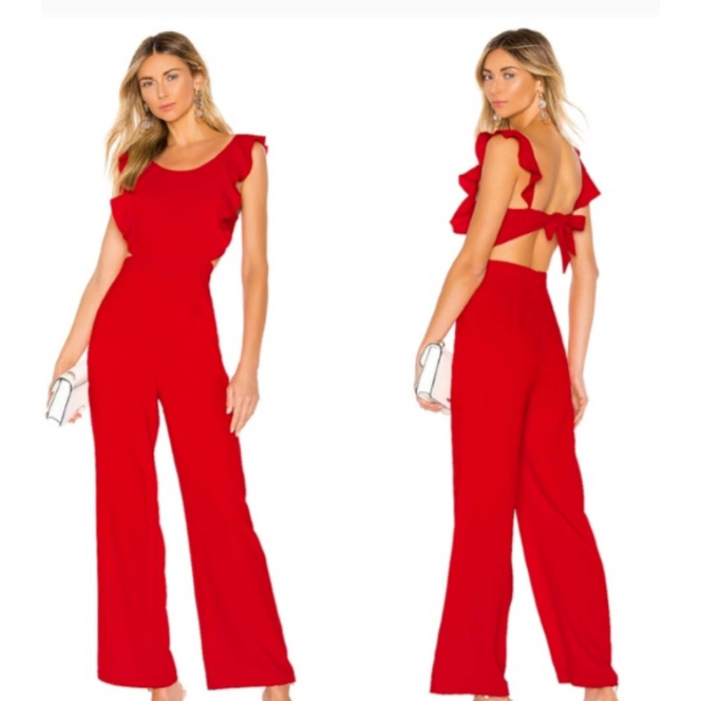Superdown Red Esmee Jumpsuit Ruffle Sleeve Tie Back Women's Size XS